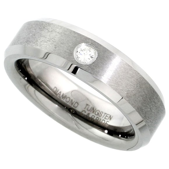 6mm Tungsten Diamond Wedding Ring 0.06 cttw Diamond Beveled Edges